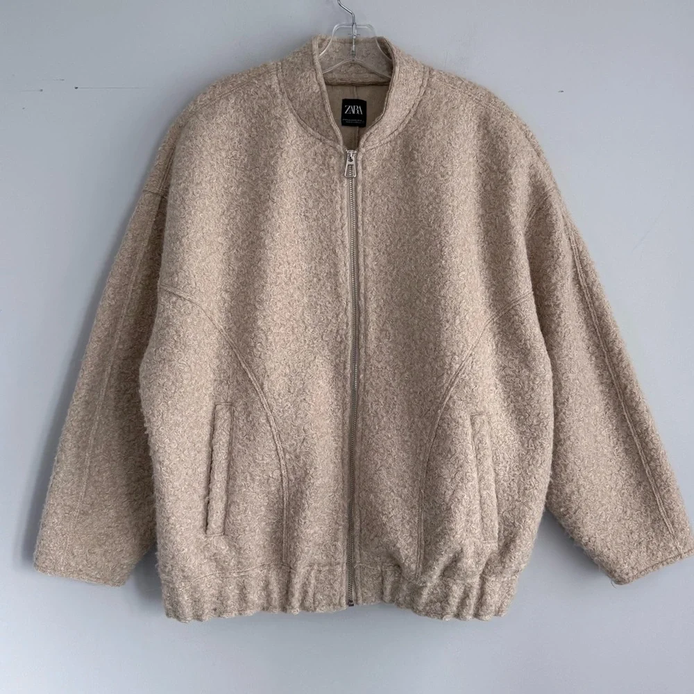 ZARA 5070/642 Textured Bouclé Bomber Jacket Sand Beige XS Oversized Quiet Luxury - Picture 9 of 16